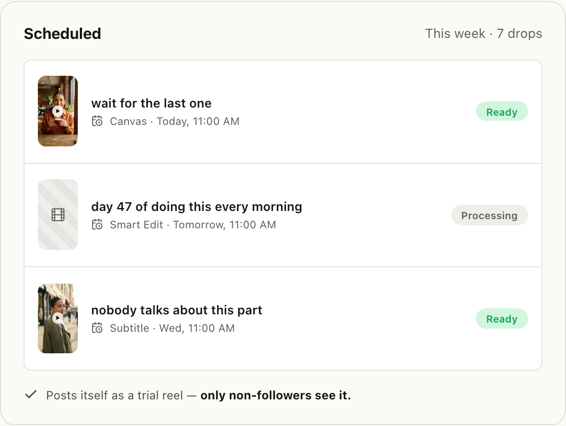 This week's posting queue: scheduled trial reels with their variant type, drop time and ready status.